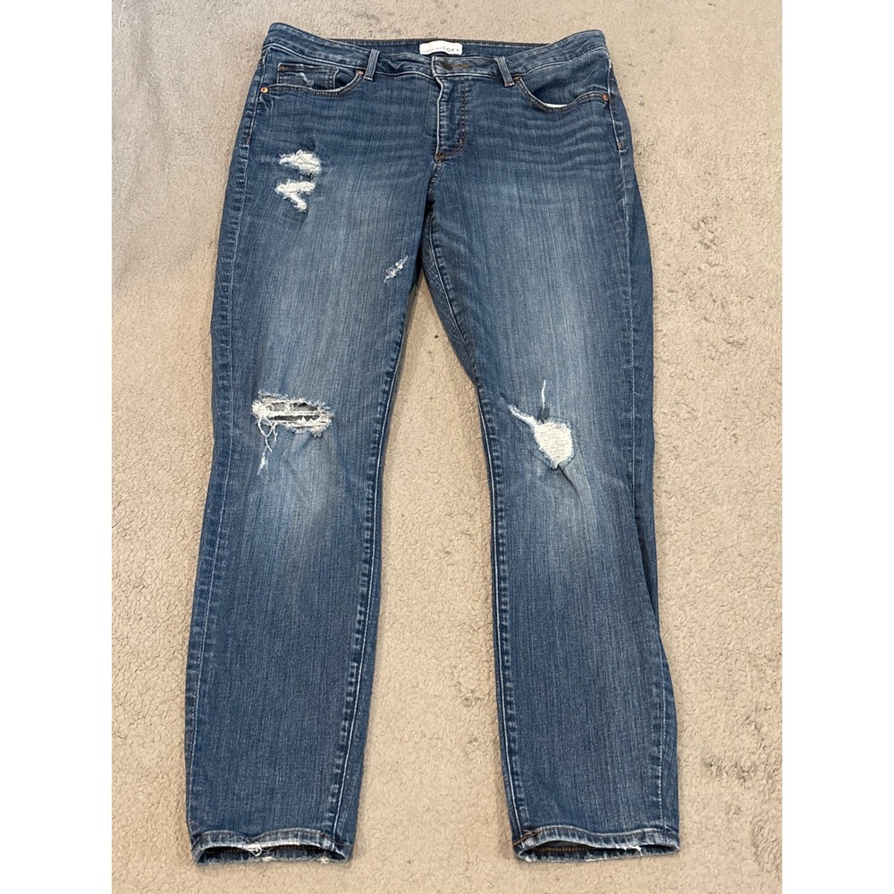 LOFT Curvy Skinny Jeans Womens 31/12 Medium Wash Distressed Ripped Frayed Hem